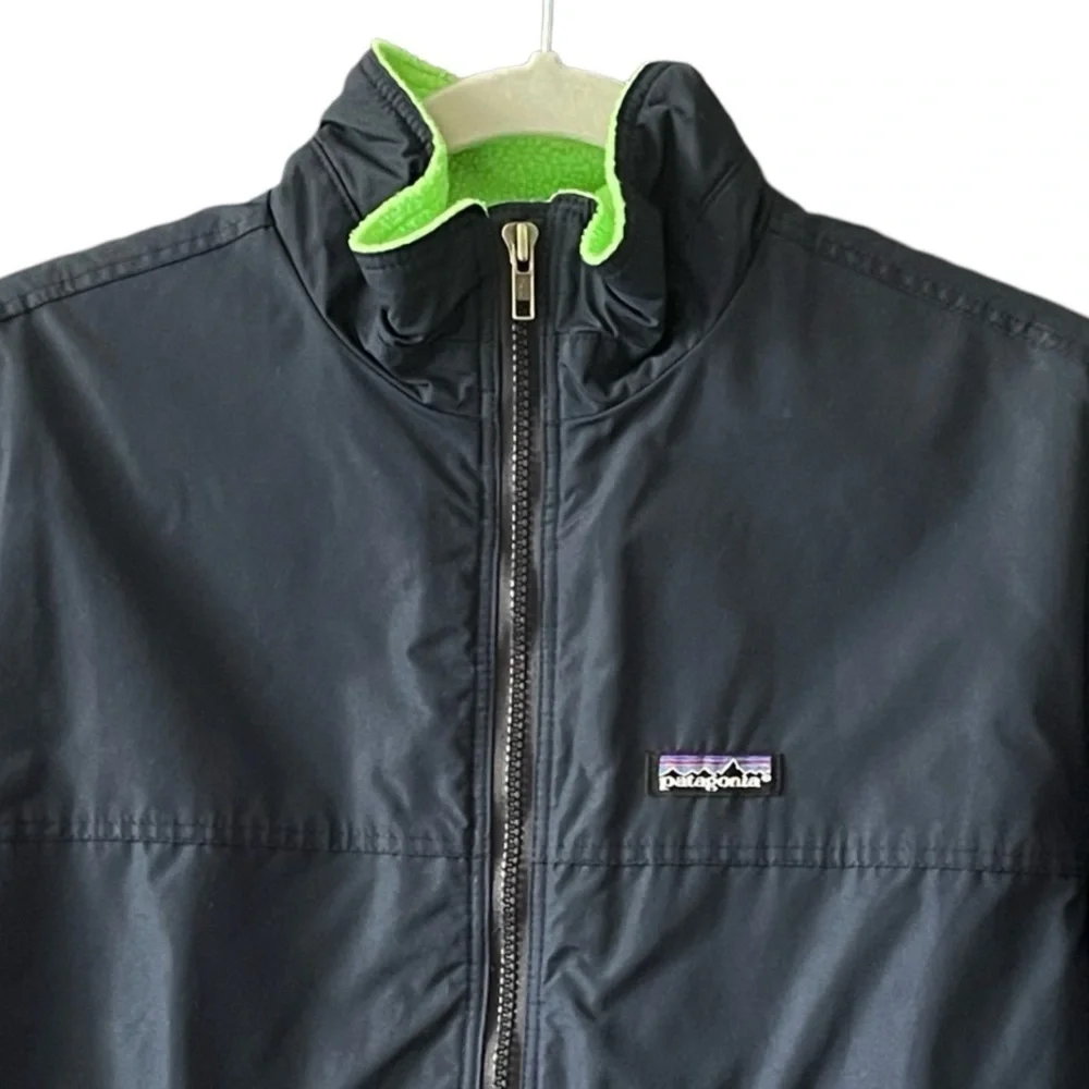 Patagonia Bomber Jacket Kids 14 Fleece Lined Winter Zip Navy Blue Green Made USA